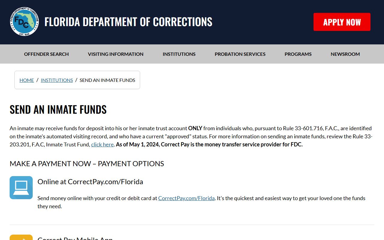 Florida DOC send-funds page for Reception and Medical Center inmate deposits
