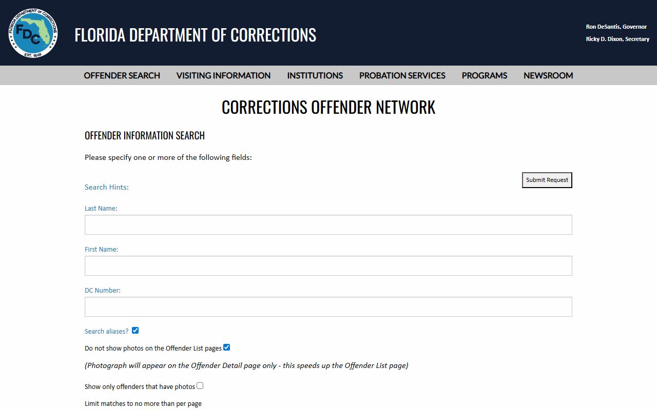 Florida Department of Corrections offender search for sentenced Union County inmates