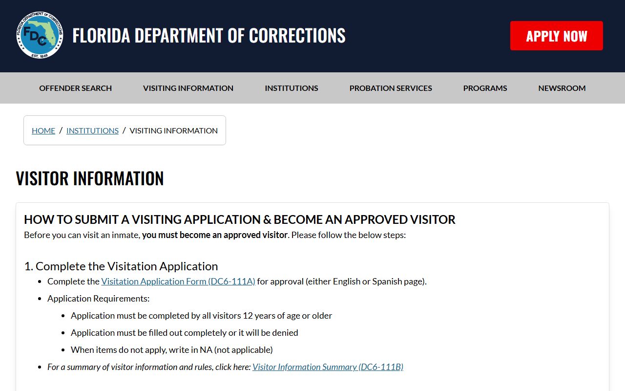 Florida DOC statewide prison visiting information for the Reception and Medical Center