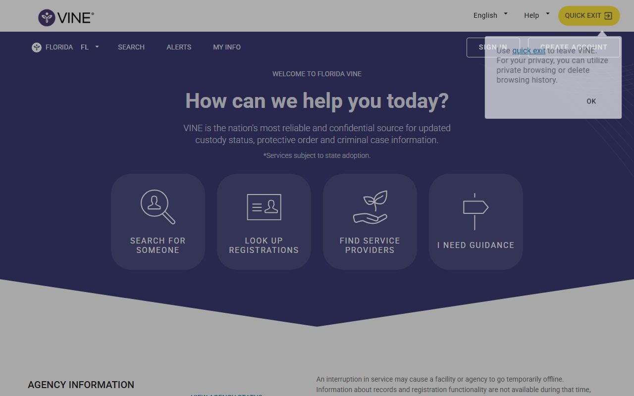 Florida VINELink portal used to monitor Union County inmate custody and release
