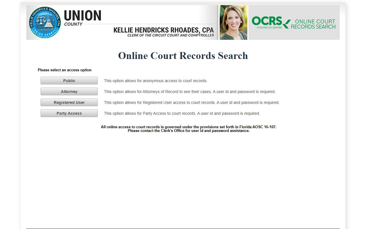 Union County OCRS court records portal access screen for records after an arrest
